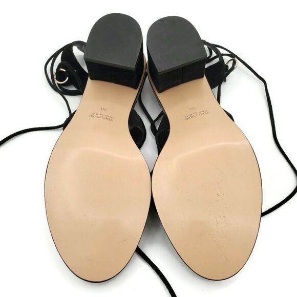 Club Monaco Jonet Black Suede Gold Rings Lace-Up Ankle Wrap Block Heel Sandals - Picture 11 of 12